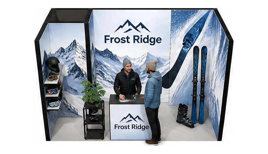 Stoisko 4 × 2 m szeregowe dla branży narciarstwo i sporty zimowe, przykładowa marka Frost Ridge