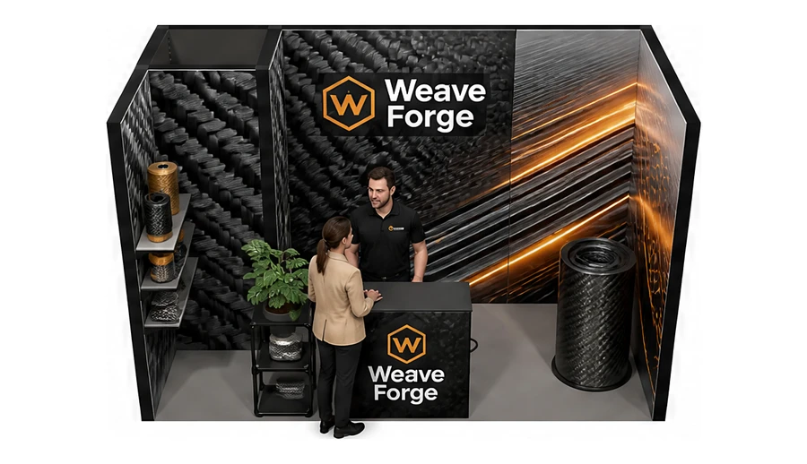 Stoisko 4 × 2 m szeregowe dla branży materiały kompozytowe, przykładowa marka Weave Forge