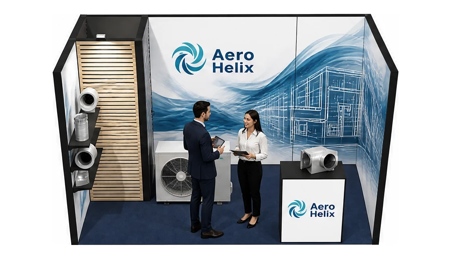Stoisko 4 × 2 m szeregowe dla branży wentylacja i klimatyzacja, przykładowa marka Aero Helix