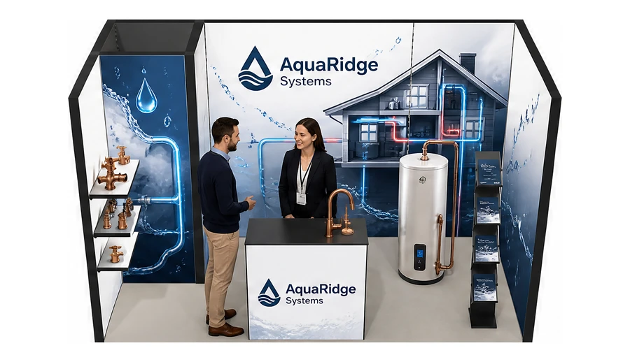 Stoisko 4 × 2 m szeregowe dla branży instalacje wodno-kanalizacyjne, przykładowa marka AquaRidge Systems