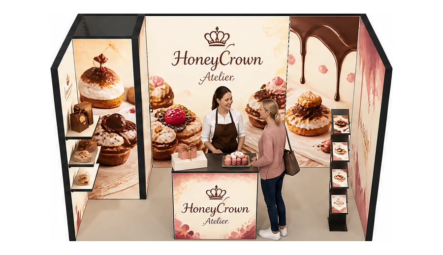 Stoisko 4 × 2 m szeregowe dla branży piekarnictwo i cukiernictwo, przykładowa marka HoneyCrown Atelier