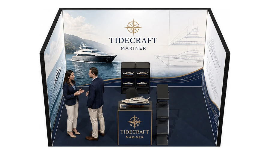 Stoisko 4 × 3 m szeregowe dla branży jachty i łodzie, przykładowa marka Tidecraft Mariner