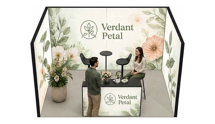 Stoisko 4 × 3 m szeregowe dla branży rośliny i kwiaciarstwo, przykładowa marka Verdant Petal