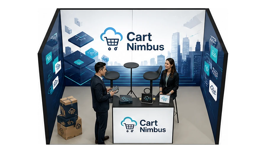 Stoisko 4 × 3 m szeregowe dla branży e-commerce, przykładowa marka Cart Nimbus