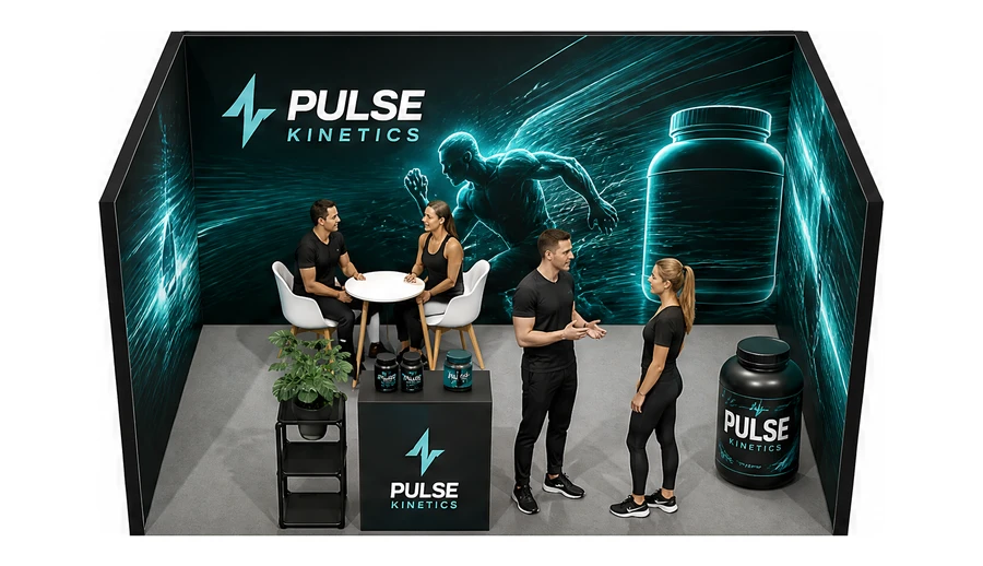 Stoisko 4 × 3 m szeregowe dla branży suplementy diety, przykładowa marka Pulse Kinetics