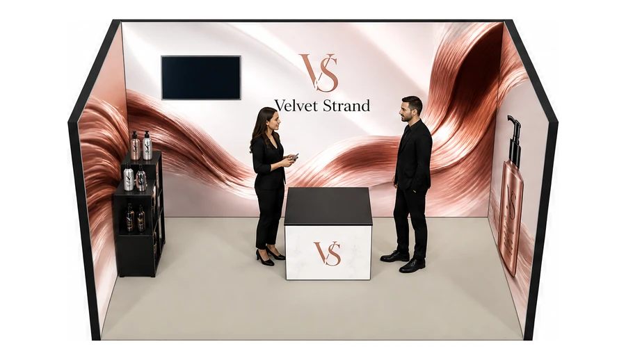 Stoisko 4 × 3 m szeregowe dla branży fryzjerstwo i salony beauty, przykładowa marka Velvet Strand