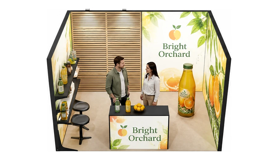 Stoisko 4 × 3 m szeregowe dla branży napoje, przykładowa marka Bright Orchard