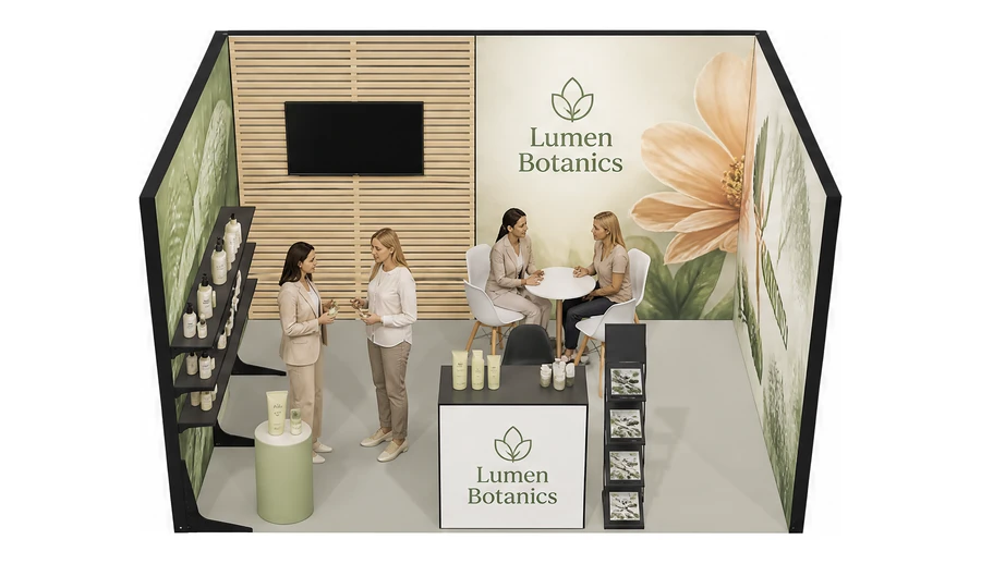 Stoisko 4 × 3 m szeregowe dla branży kosmetyki naturalne, przykładowa marka Lumen Botanics