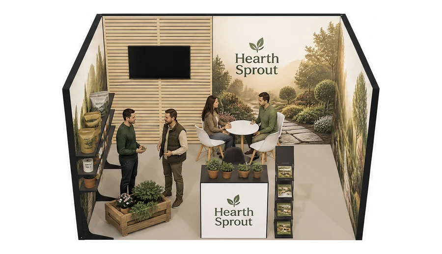 Stoisko 4 × 3 m szeregowe dla branży ogród i architektura krajobrazu, przykładowa marka Hearth Sprout