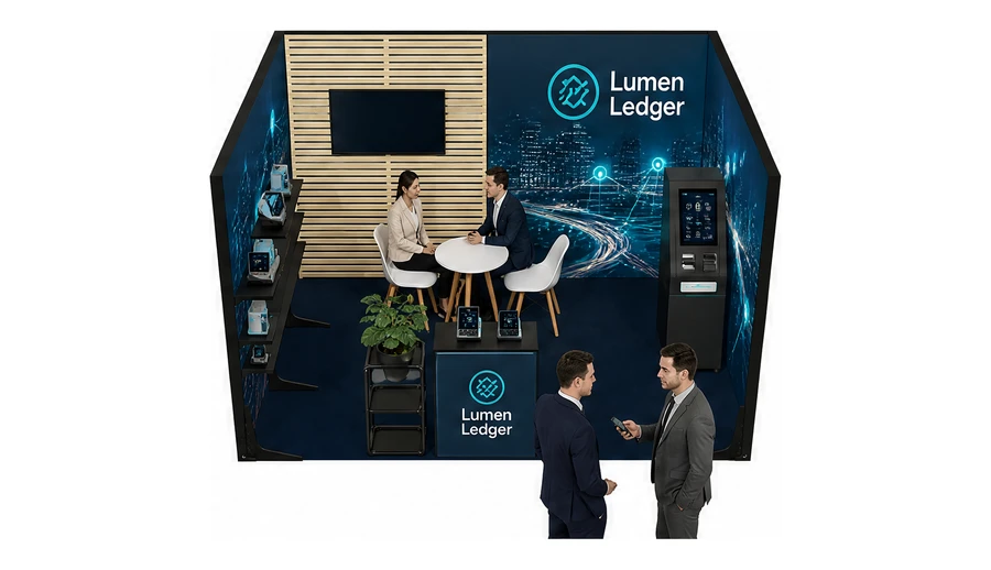 Stoisko 4 × 3 m szeregowe dla branży płatności online, przykładowa marka Lumen Ledger
