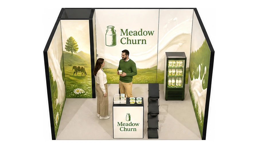Stoisko 4 × 3 m szeregowe dla branży nabiał i mleczarstwo, przykładowa marka Meadow Churn