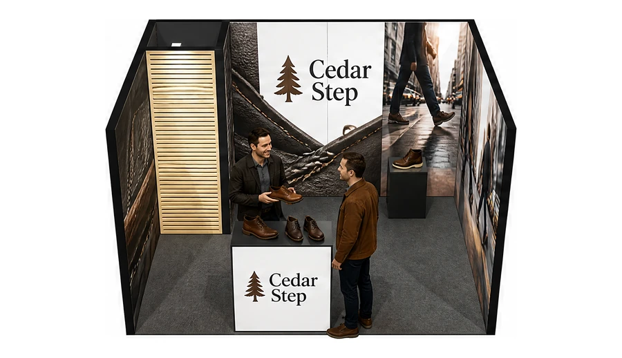Stoisko 4 × 3 m szeregowe dla branży obuwie, przykładowa marka Cedar Step