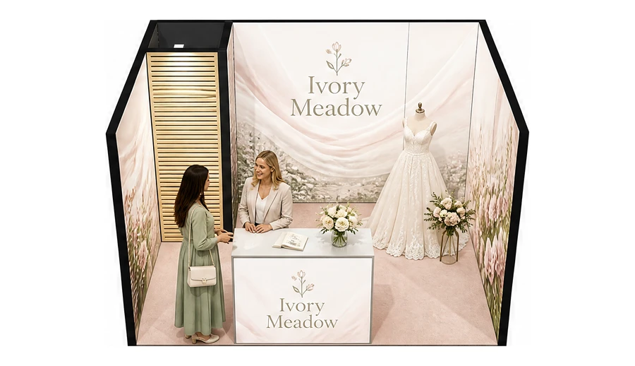 Stoisko 4 × 3 m szeregowe dla branży branża ślubna, przykładowa marka Ivory Meadow