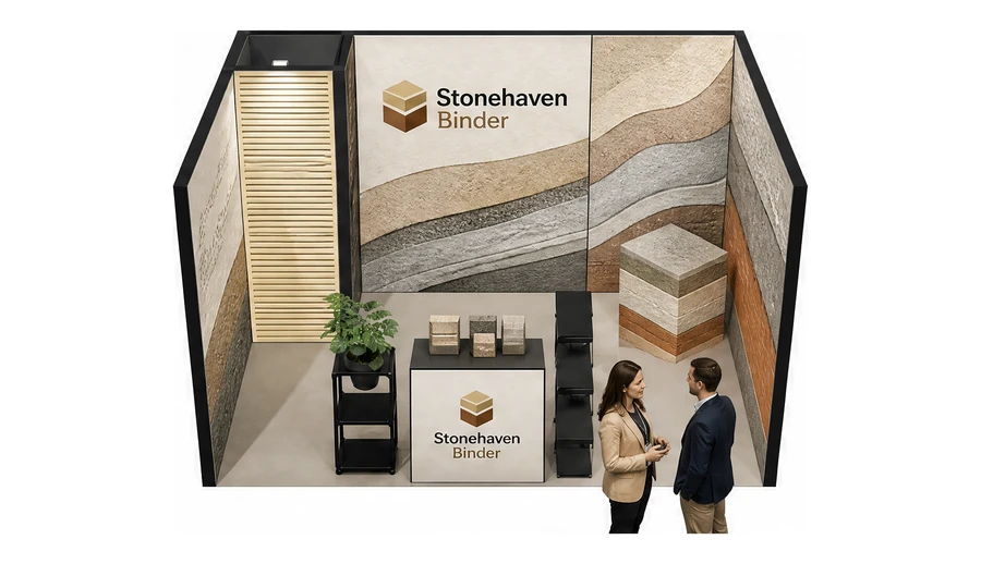 Stoisko 4 × 3 m szeregowe dla branży materiały budowlane, przykładowa marka Stonehaven Binder