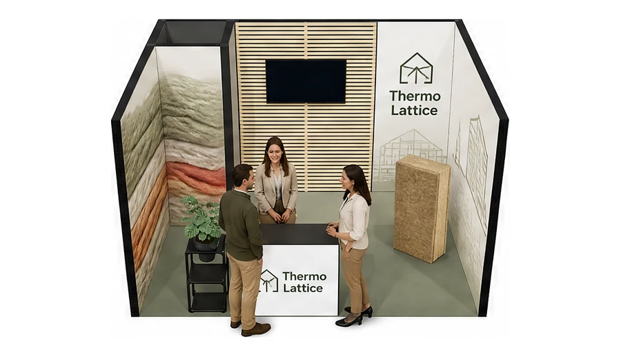 Stoisko 4 × 3 m szeregowe dla branży izolacje techniczne, przykładowa marka Thermo Lattice
