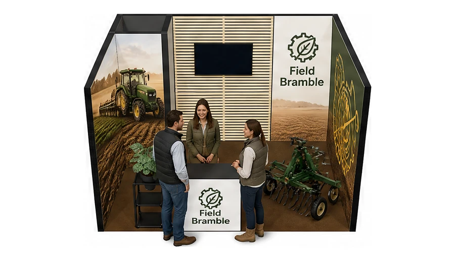 Stoisko 4 × 3 m szeregowe dla branży maszyny rolnicze, przykładowa marka Field Bramble