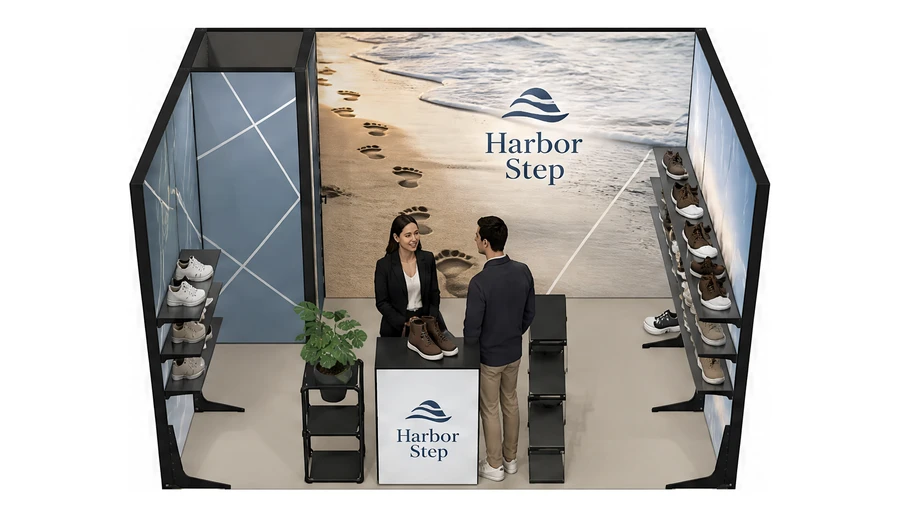 Stoisko 4 × 3 m szeregowe dla branży obuwie, przykładowa marka Harbor Step