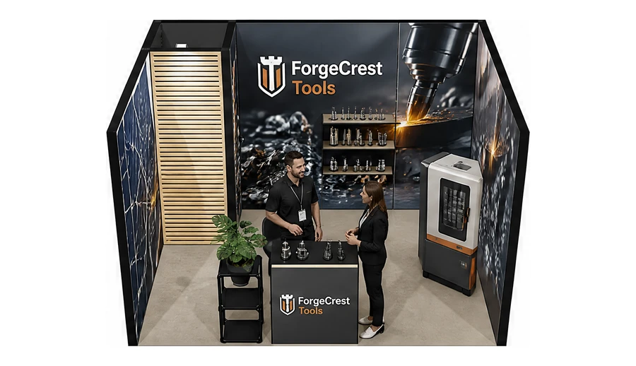 Stoisko 4 × 3 m szeregowe dla branży obrabiarki i narzędzia, przykładowa marka ForgeCrest Tools