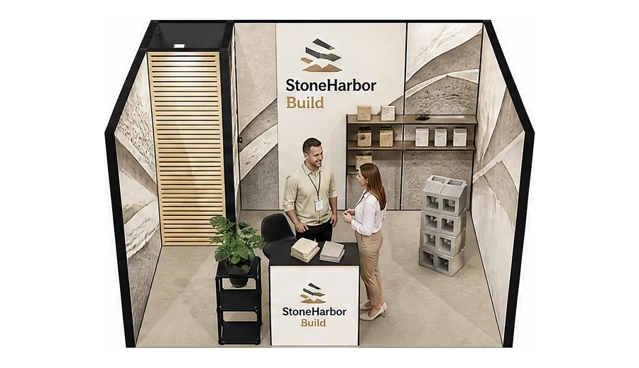 Stoisko 4 × 3 m szeregowe dla branży materiały budowlane, przykładowa marka StoneHarbor Build