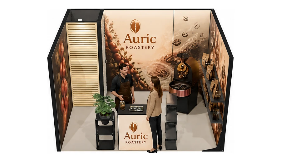 Stoisko 4 × 3 m szeregowe dla branży palarnia kawy, przykładowa marka Auric Roastery