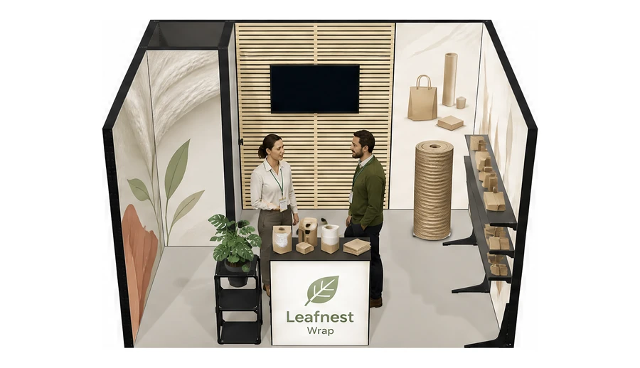 Stoisko 4 × 3 m szeregowe dla branży opakowania ekologiczne, przykładowa marka Leafnest Wrap