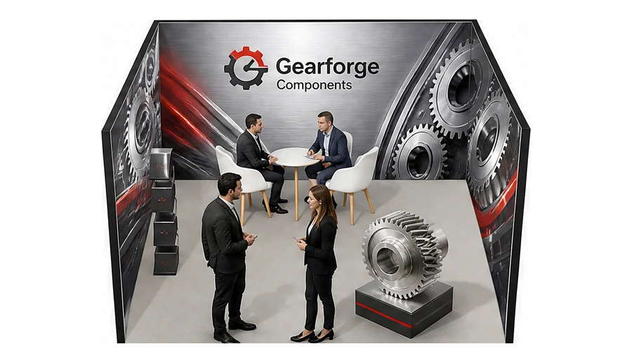 Stoisko 4 × 4 m szeregowe dla branży części motoryzacyjne, przykładowa marka Gearforge Components