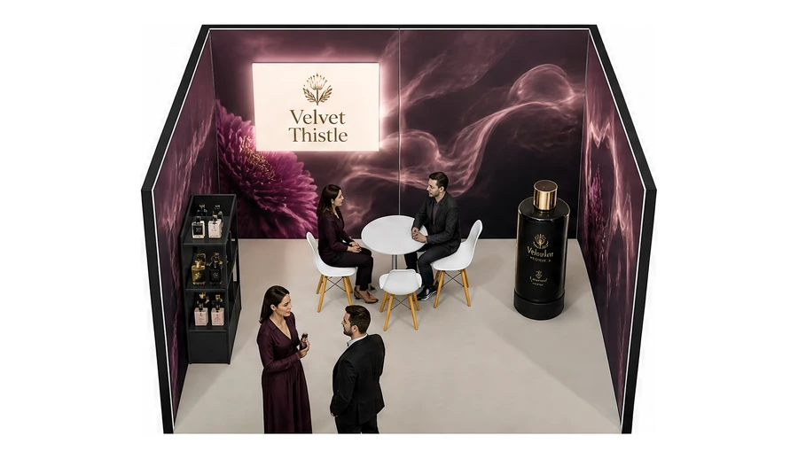 Stoisko 4 × 4 m szeregowe dla branży perfumy, przykładowa marka Velvet Thistle
