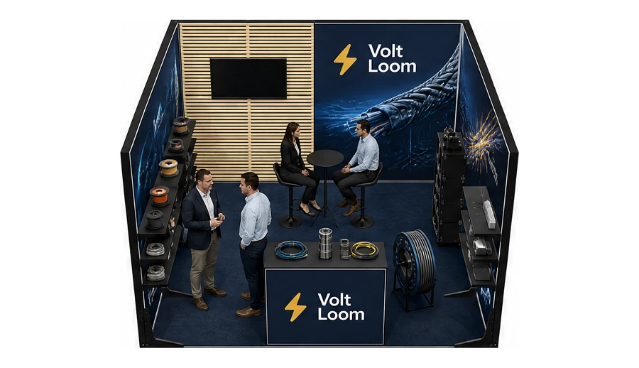 Stoisko 4 × 4 m szeregowe dla branży kable i elektrotechnika, przykładowa marka Volt Loom