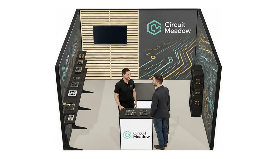 Stoisko 4 × 4 m szeregowe dla branży komponenty elektroniczne, przykładowa marka Circuit Meadow