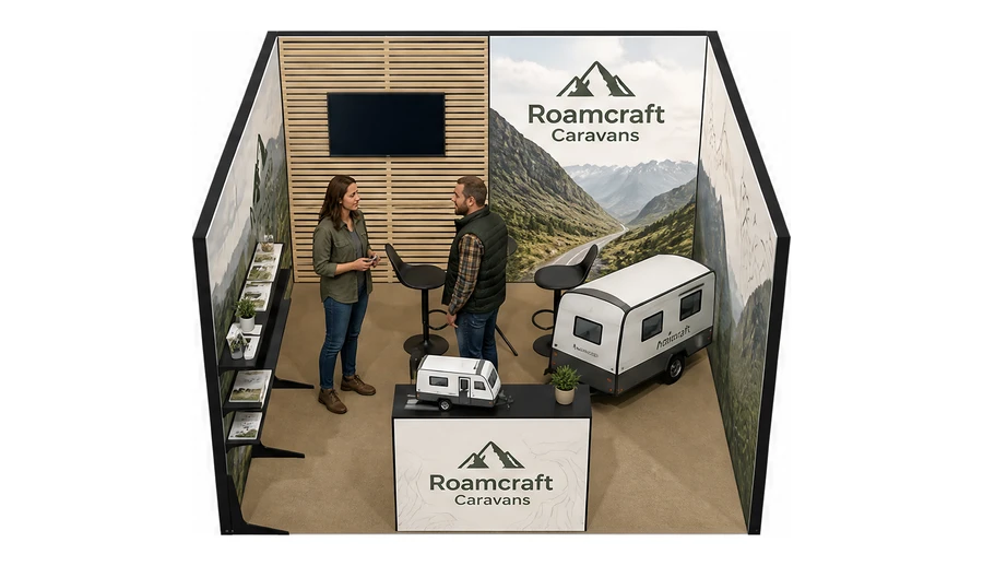 Stoisko 4 × 4 m szeregowe dla branży caravaning i kampery, przykładowa marka Roamcraft Caravans