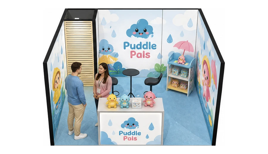 Stoisko 4 × 4 m szeregowe dla branży zabawki i artykuły dziecięce, przykładowa marka Puddle Pals