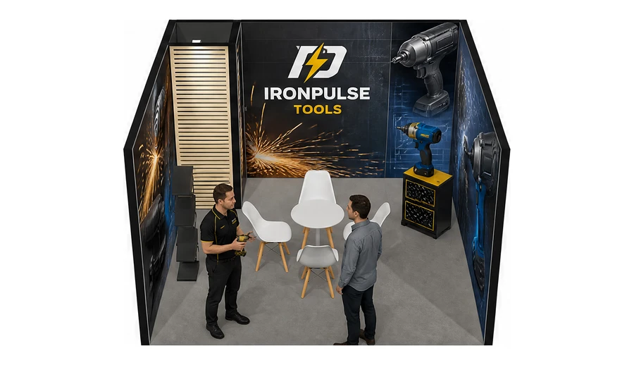 Stoisko 4 × 4 m szeregowe dla branży elektronarzędzia, przykładowa marka IronPulse Tools