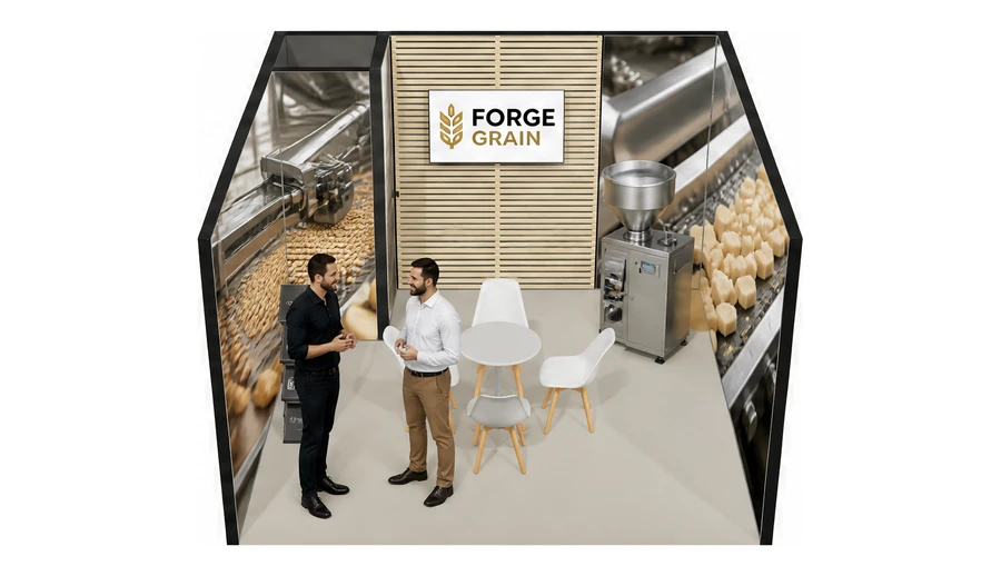 Stoisko 4 × 4 m szeregowe dla branży technologie spożywcze, przykładowa marka Forge Grain