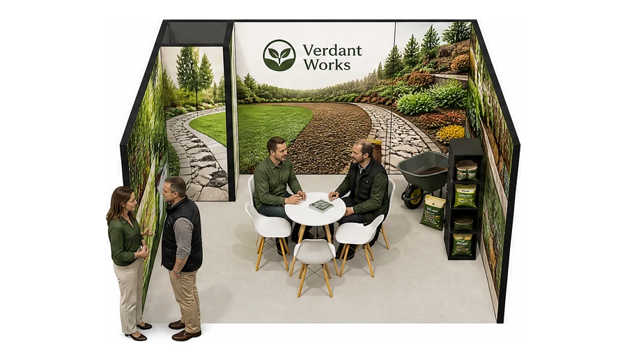 Stoisko 4 × 4 m szeregowe dla branży ogród i architektura krajobrazu, przykładowa marka Verdant Works