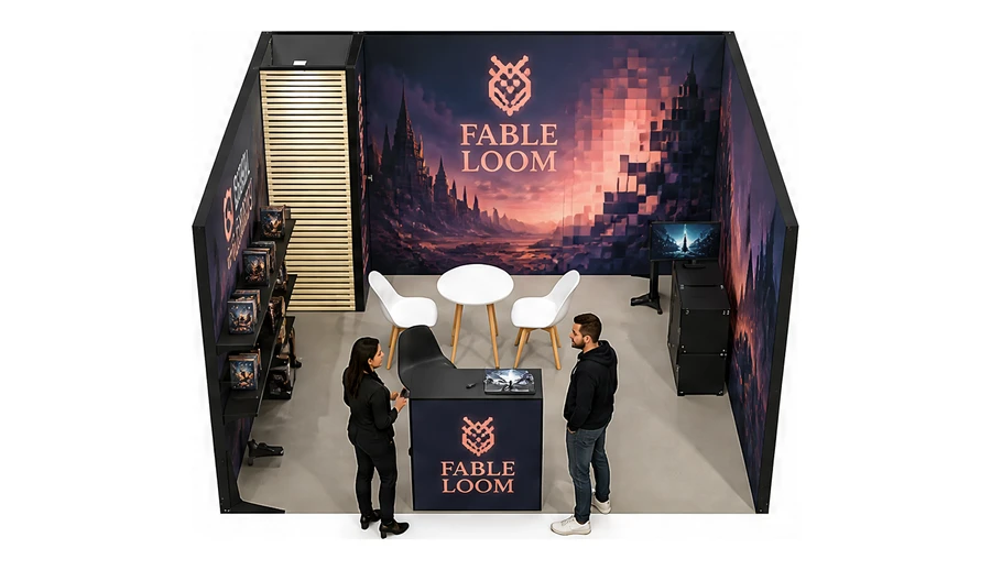 Stoisko 4 × 4 m szeregowe dla branży gry wideo, przykładowa marka Fable Loom