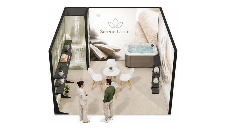 Stoisko 4 × 4 m szeregowe dla branży spa i wellness, przykładowa marka Serene Loom