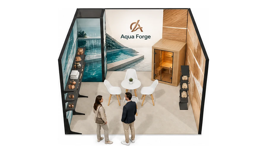Stoisko 4 × 4 m szeregowe dla branży baseny i sauny, przykładowa marka Aqua Forge