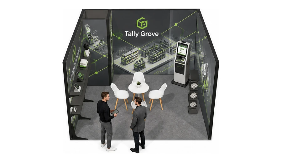 Stoisko 4 × 4 m szeregowe dla branży technologie dla handlu, przykładowa marka Tally Grove