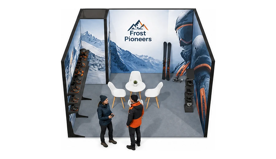 Stoisko 4 × 4 m szeregowe dla branży narciarstwo i sporty zimowe, przykładowa marka Frost Pioneers