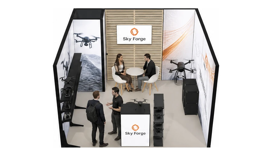 Stoisko 4 × 4 m szeregowe dla branży drony i robotyka, przykładowa marka Sky Forge