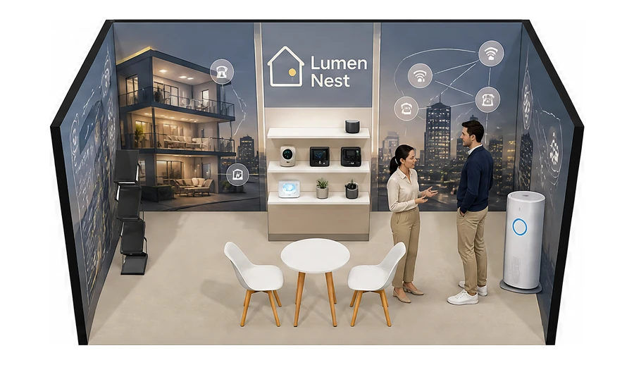 Stoisko 5 × 3 m szeregowe dla branży smart home i IoT, przykładowa marka Lumen Nest