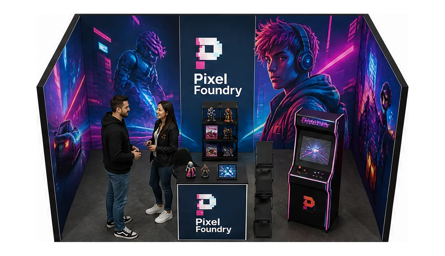Stoisko 5 × 3 m szeregowe dla branży gry wideo, przykładowa marka Pixel Foundry