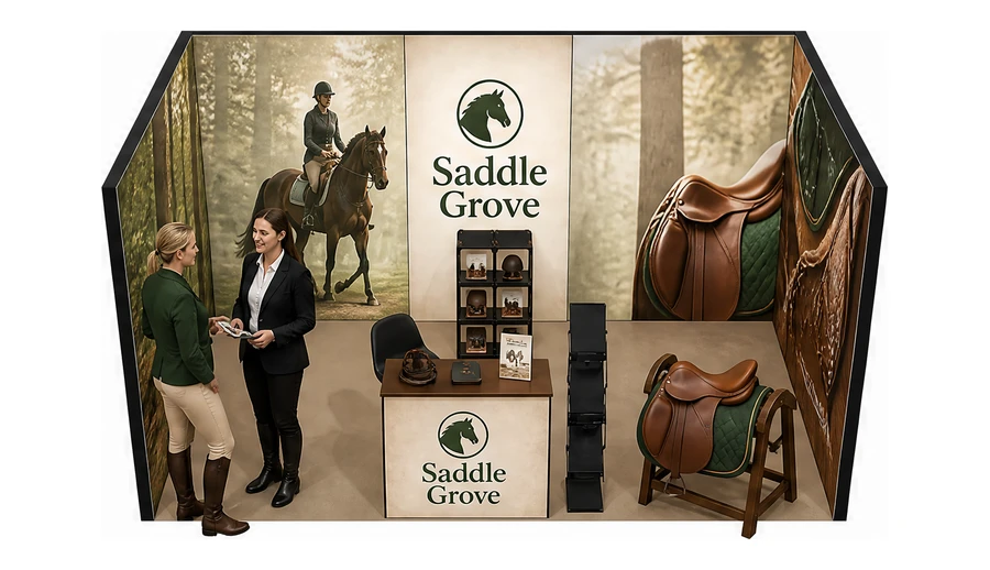 Stoisko 5 × 3 m szeregowe dla branży jeździectwo, przykładowa marka Saddle Grove