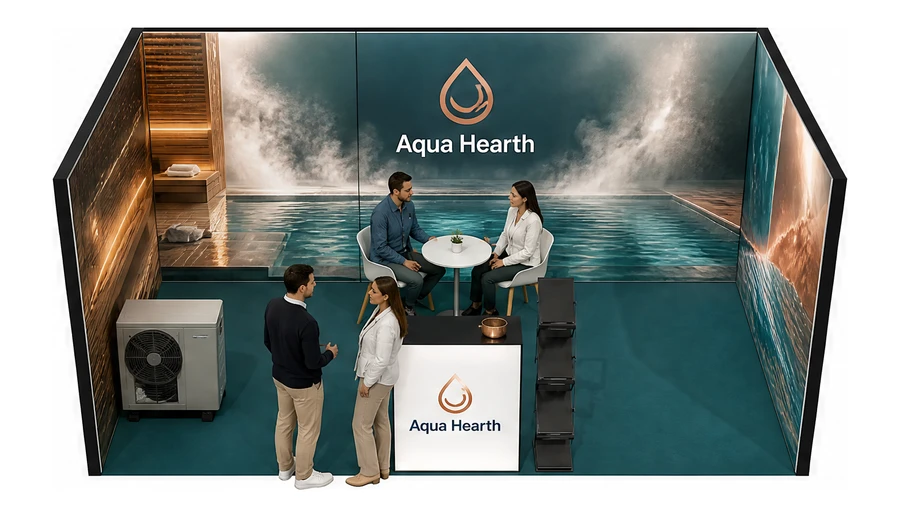 Stoisko 5 × 3 m szeregowe dla branży baseny i sauny, przykładowa marka Aqua Hearth