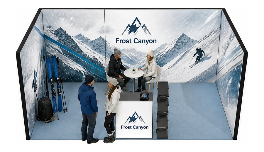 Stoisko 5 × 3 m szeregowe dla branży narciarstwo i sporty zimowe, przykładowa marka Frost Canyon