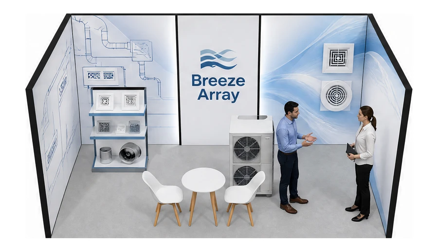 Stoisko 5 × 3 m szeregowe dla branży wentylacja i klimatyzacja, przykładowa marka Breeze Array