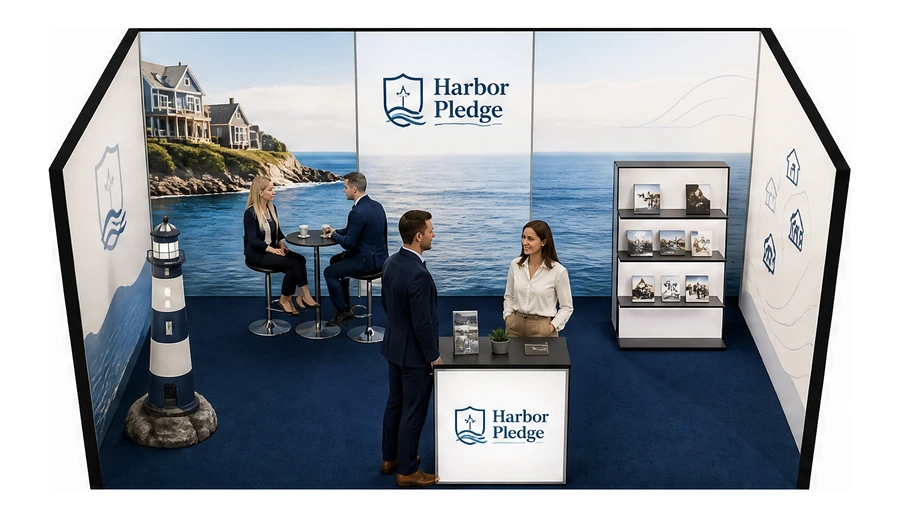 Stoisko 5 × 3 m szeregowe dla branży ubezpieczenia, przykładowa marka Harbor Pledge