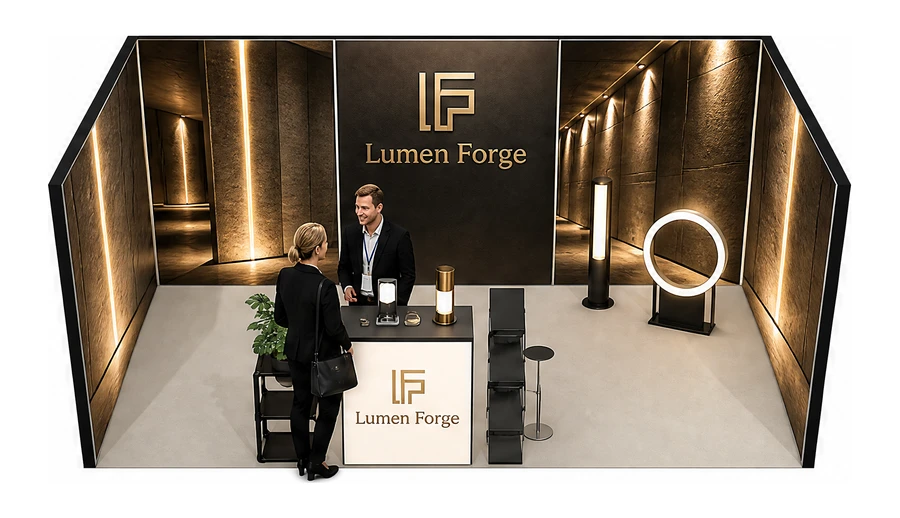 Stoisko 5 × 3 m szeregowe dla branży oświetlenie, przykładowa marka Lumen Forge