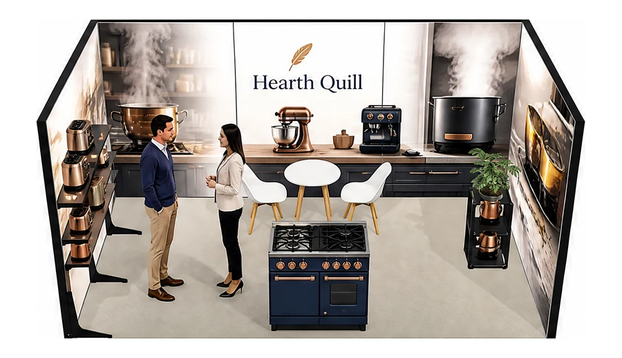 Stoisko 5 × 3 m szeregowe dla branży sprzęt kuchenny i AGD, przykładowa marka Hearth Quill