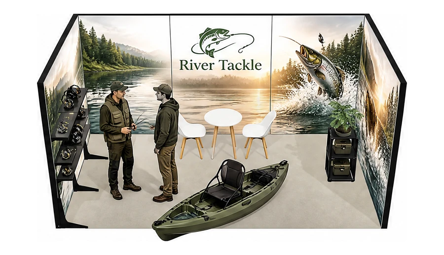 Stoisko 5 × 3 m szeregowe dla branży wędkarstwo, przykładowa marka River Tackle